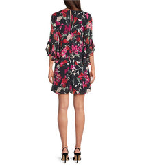 Calvin Klein 3/4 Sleeve Floral Shift Shift Dress - Indigo Multi