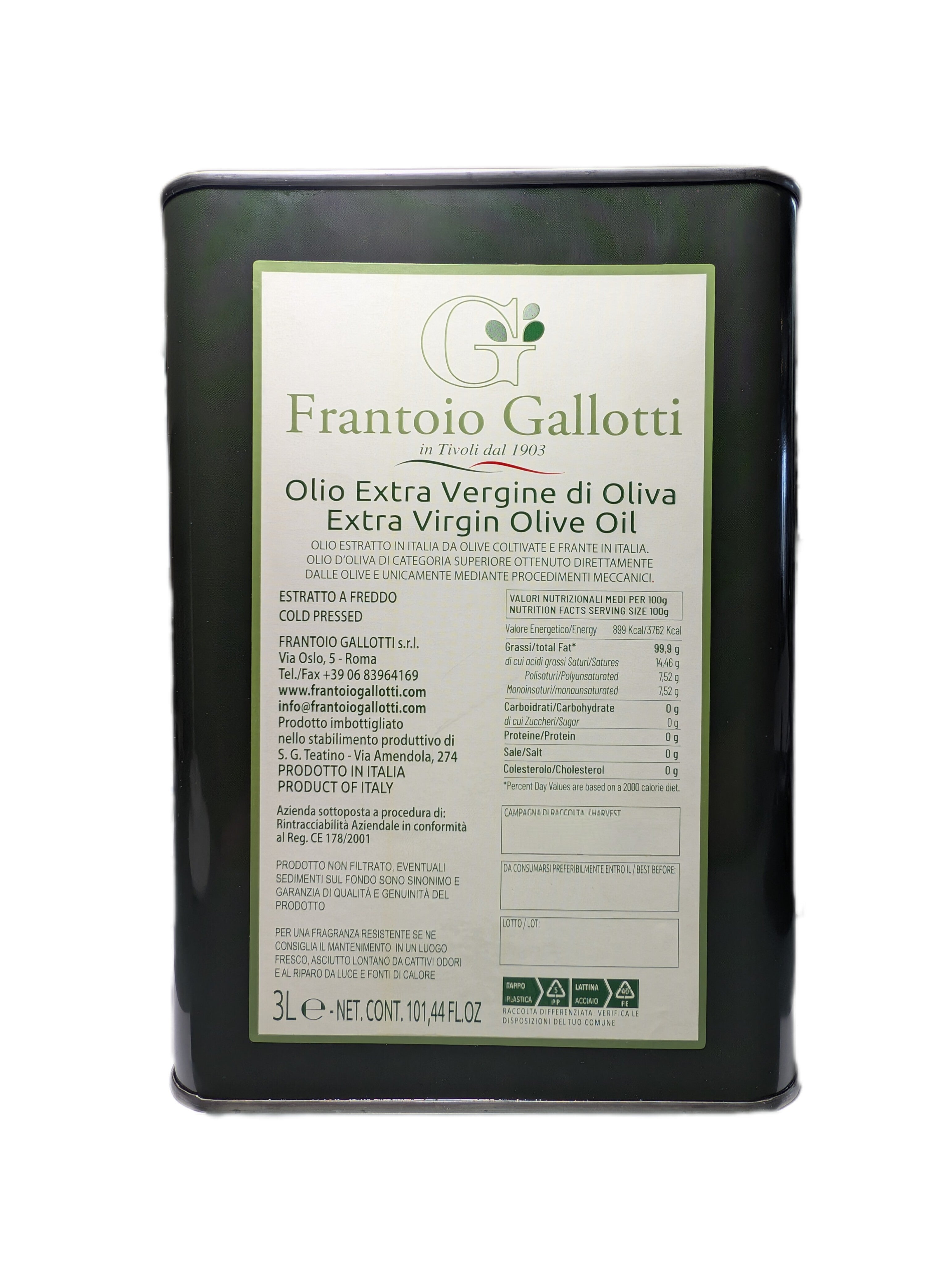 Frantoio Gallotti Extra Virgin Olive Oil packaging with label on a white background
