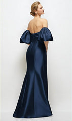 Alfred Sung Women's Off the Shoulder Puff Sleeve Satin Gown - Blue