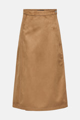 Jupe longue brune de ONLY, avec des broderies sur les côtés et une texture douce en similire au cuir suédé.