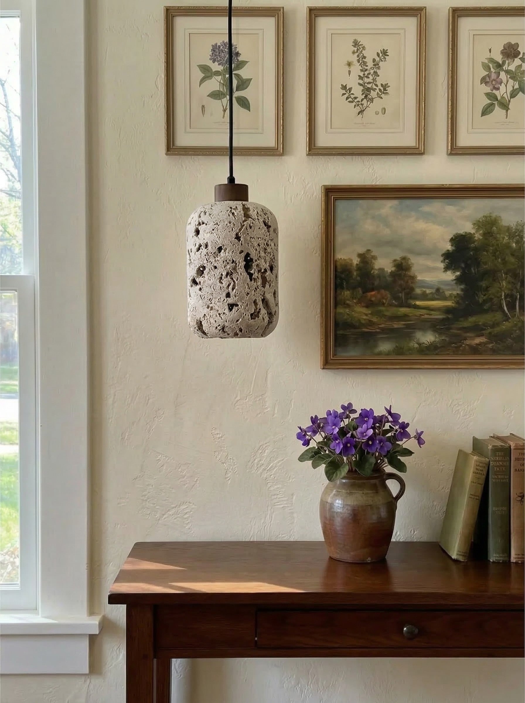 Barrel-shaped Travertine Cutout Pendant Lamp