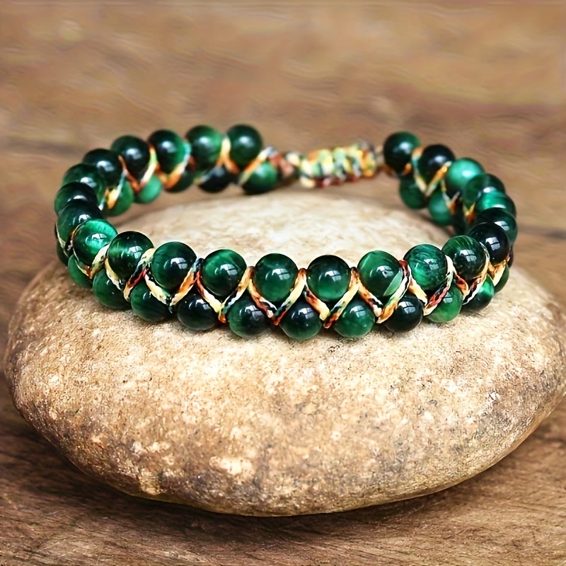 Olivenorma Tigerauge Doppelreihen-Perlenarmband mit verstellbarem geflochtenem Band - Grünes Tigerauge - image 0