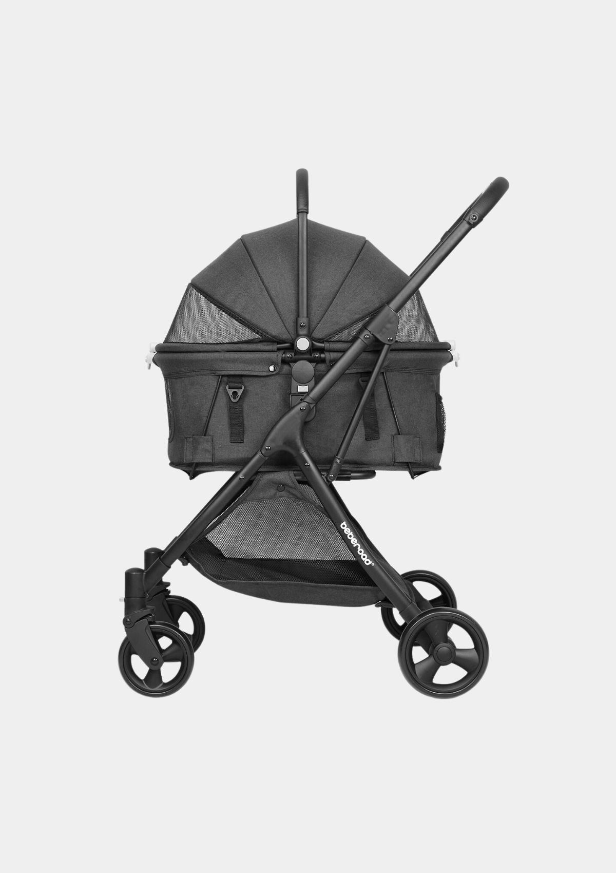 A detachable pet stroller with a black frame and wheels, and a black cabin basket.