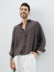 Rustic Brown Horizontal Textured Boxy Fit Crop Shirt