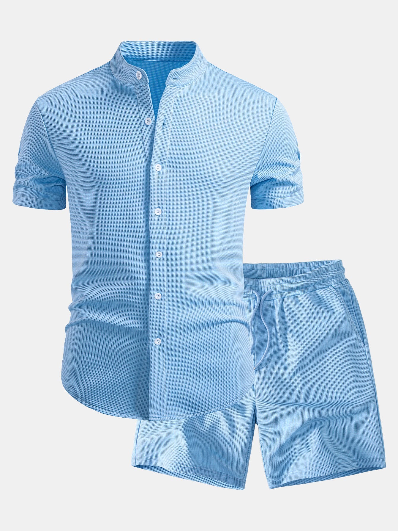 Muscle Fit Waffle Stand Collar Shirt & Drawstring 7" Shorts Set