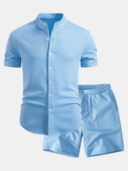 Muscle Fit Waffle Stand Collar Shirt & Drawstring 7" Shorts Set