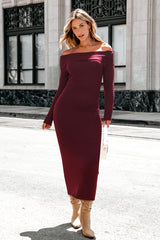 Burgundy Off-Shoulder Long Sleeve Midi Sweater Dress