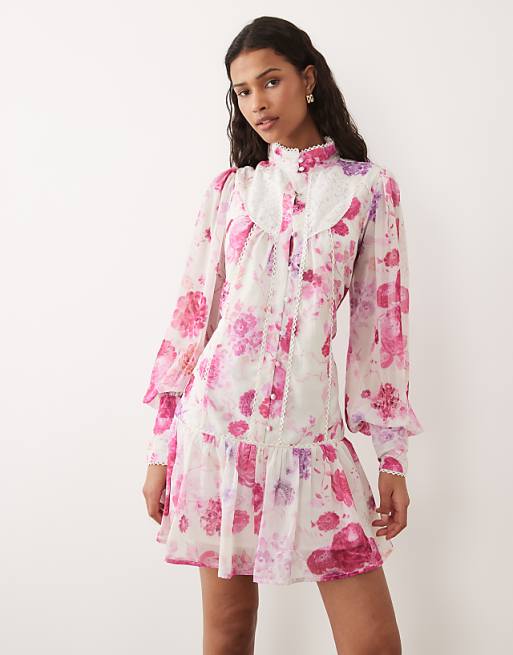 Hope & Ivy chiffon high neck balloon sleeve dropped waist mini dress in pink floral
