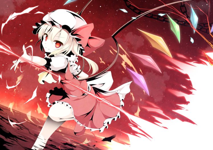 blonde, Hair, Bow, Chain, Dress, Fire, Flandre, Scarlet, Hat, Pen zin, Red, Red, Eyes, Short, Hair, Touhou, Weapon, Wings Wallpapers HD / Desktop and Mobile Backgrounds