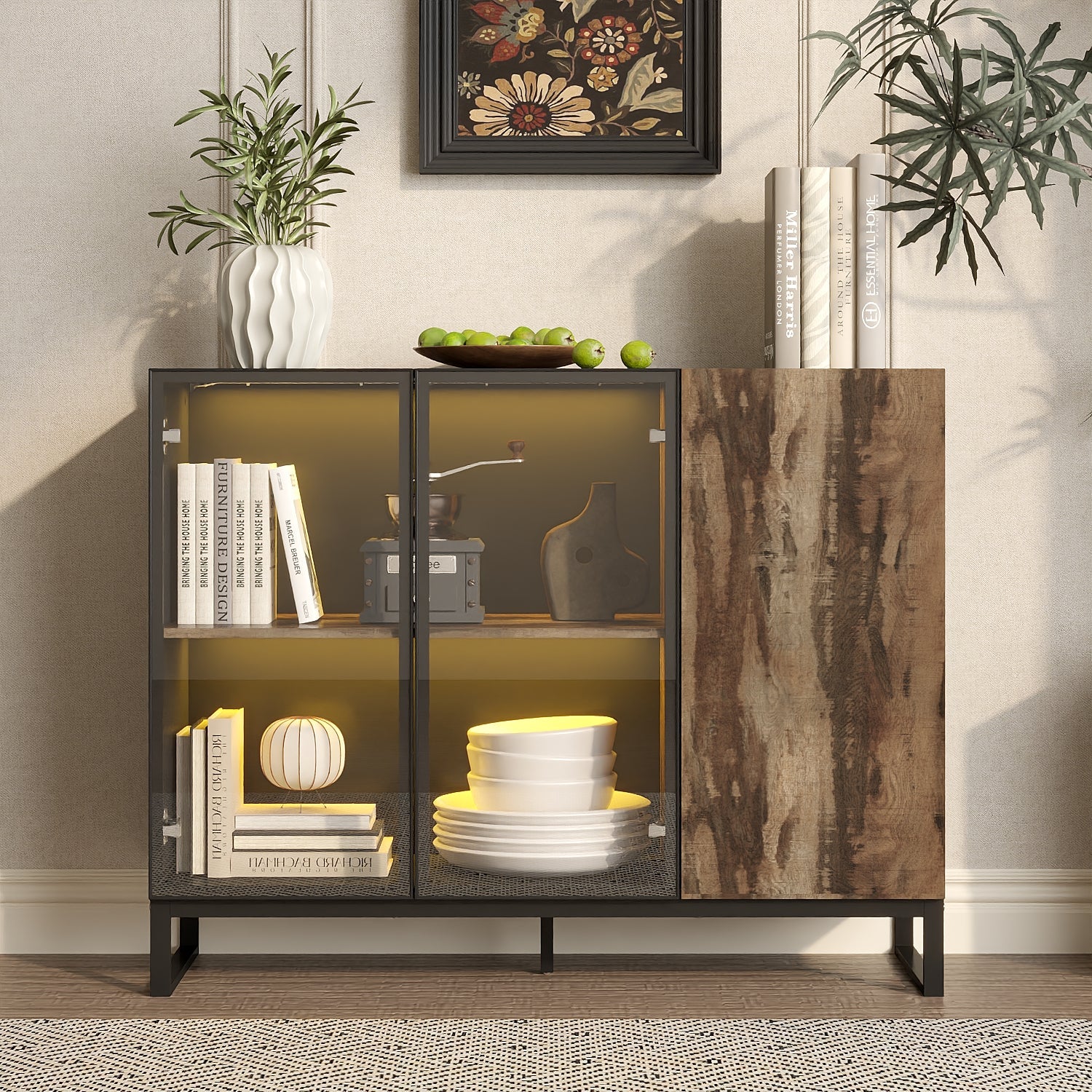 47.2" Black Sideboard Buffet Cabinet with LED Lights and Glass Doors