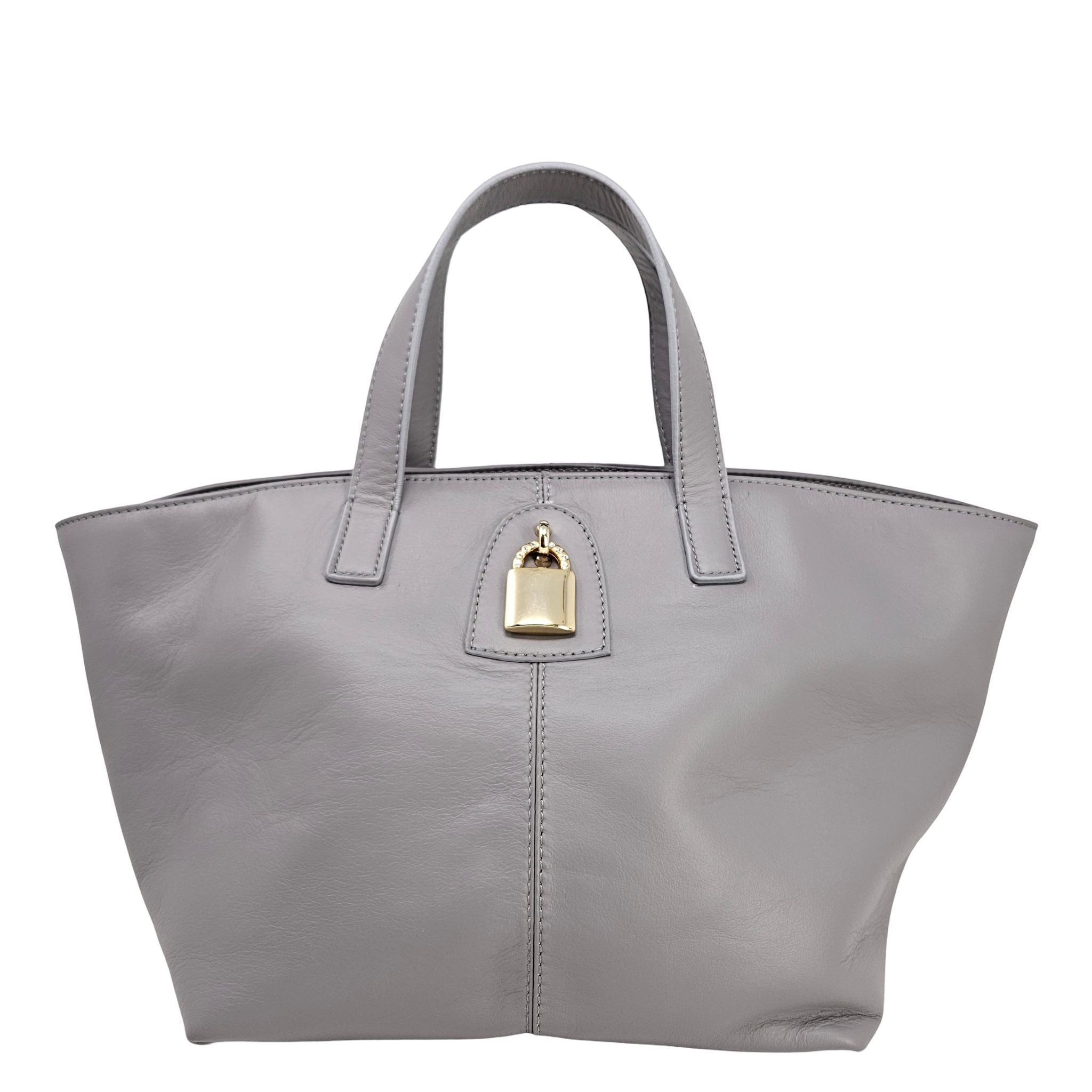 Light grey leather lock tote bag with gold lock clasp and top handles