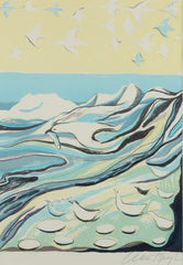 Aka Høegh, Greenlandic painter. Color lithograph on paper. Greenlandic mountain landscape with seagulls.