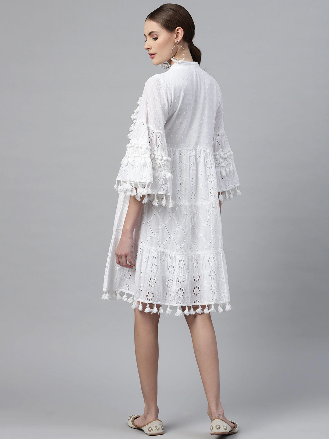 Frock Style Cotton fabric White color Tiered Dress with Thread and Cut work and lace