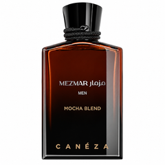 Canéza Mezmar Men Mocha Blend fragrance bottle in a dark amber-to-black gradient glass design with a glossy black cap, decorative black rope around the neck, and gold branding, shown on a white background.