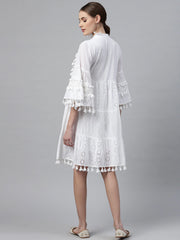 Frock Style Cotton fabric White color Tiered Dress with Thread and Cut work and lace