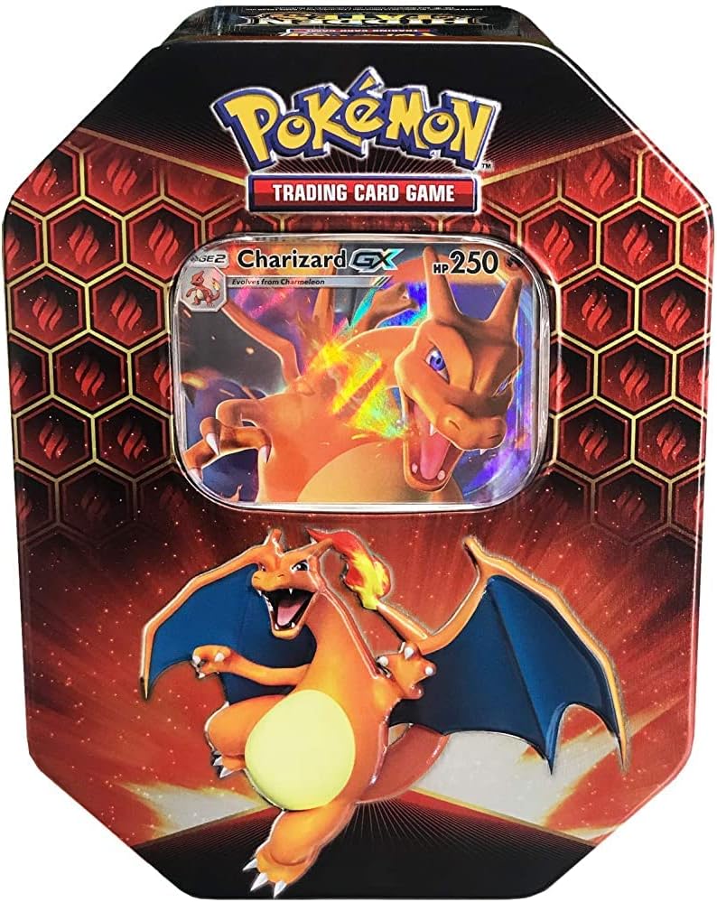 Pokemon SM11.5 Hidden Fates Gx Tin- Charizard + 1 of 3 Foil Pokémon-GX Cards + 4 Booster Pack, Multicolor