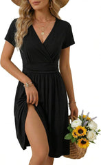 OUGES Casual Summer Dress for Women Wrap V Neck A Line Midi Dresses with Pockets