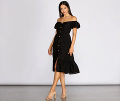 Off The Shoulder Button Front Midi Dress