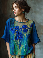 Oil Painting Irises Embroidered Contrast Flowy Linen Tunic
