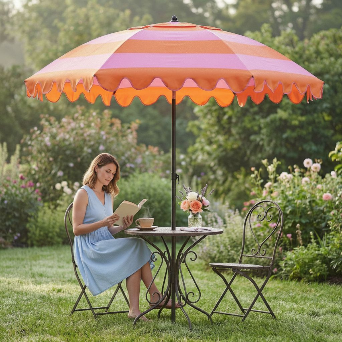 RETRO Sonnenschirm mit Wellenkante - Rosa-Orange