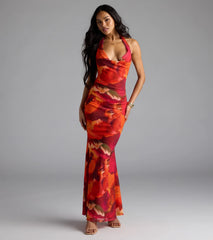 Island Style Tropical Halter Mesh Maxi Dress
