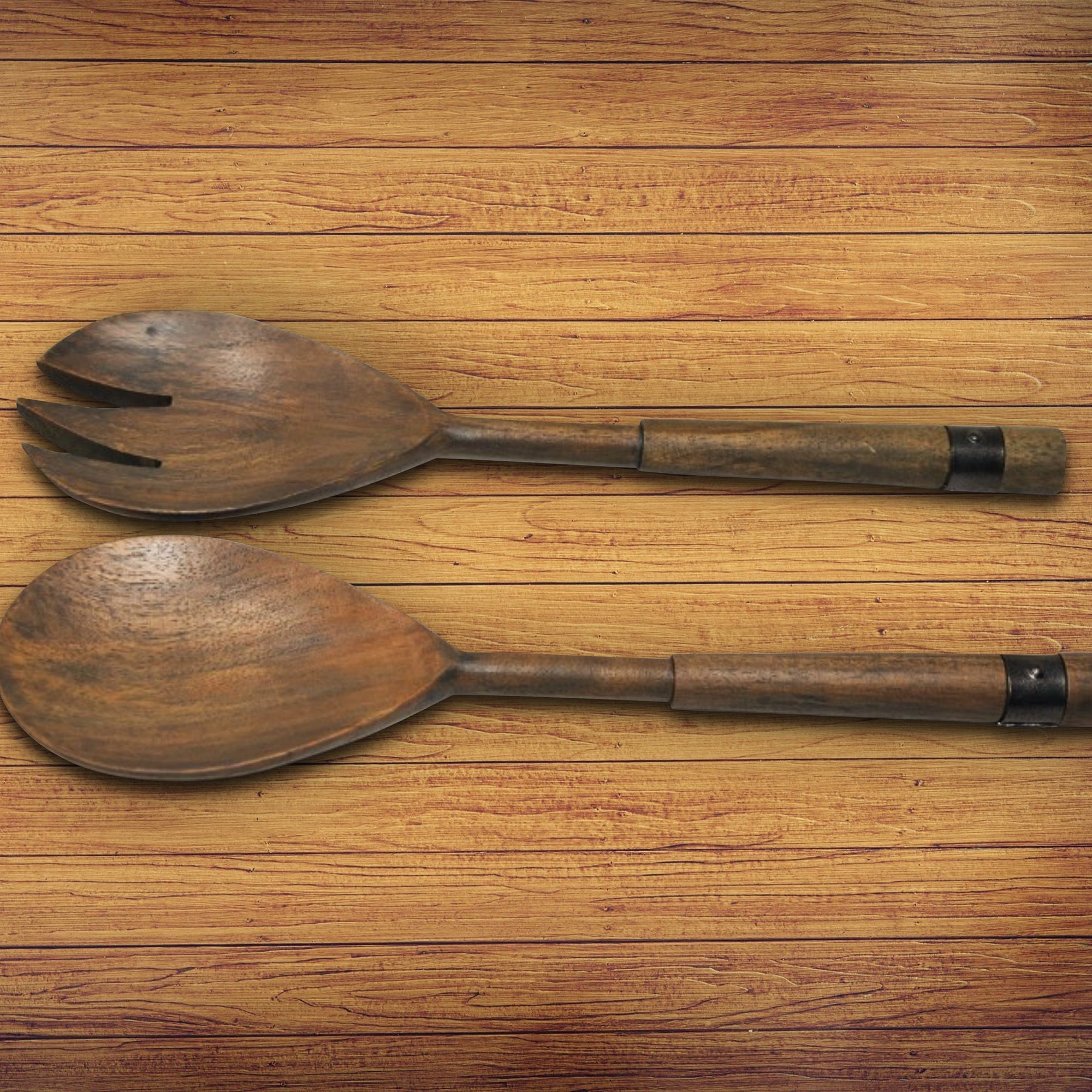 Gray Acacia Wood Salad Server Set With Riveted Gunmetal 2 Piece Kitchen Utensils