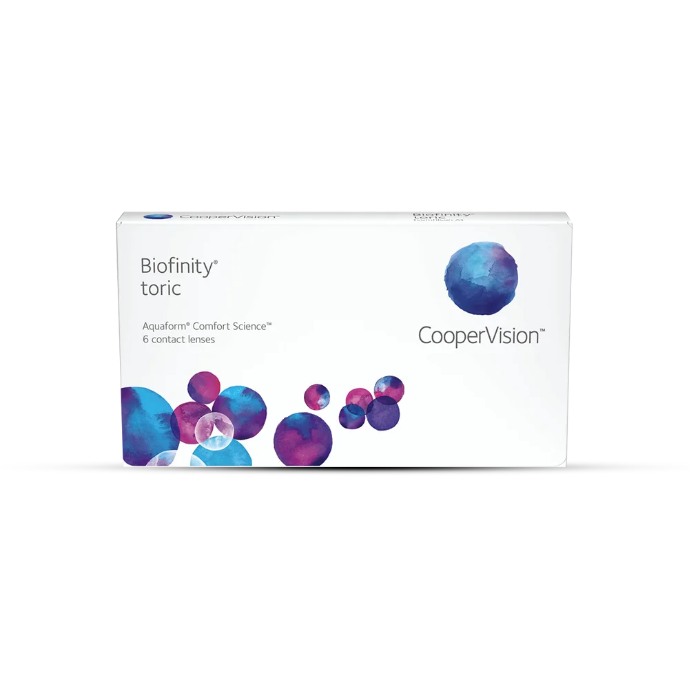 Box of Biofinity toric contact lenses by CooperVision on a white background