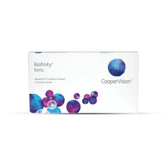 Box of Biofinity toric contact lenses by CooperVision on a white background