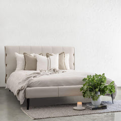 CENOVA BED FRAME | ALMOND MILK + SADDLE TAN VEGAN LEATHER