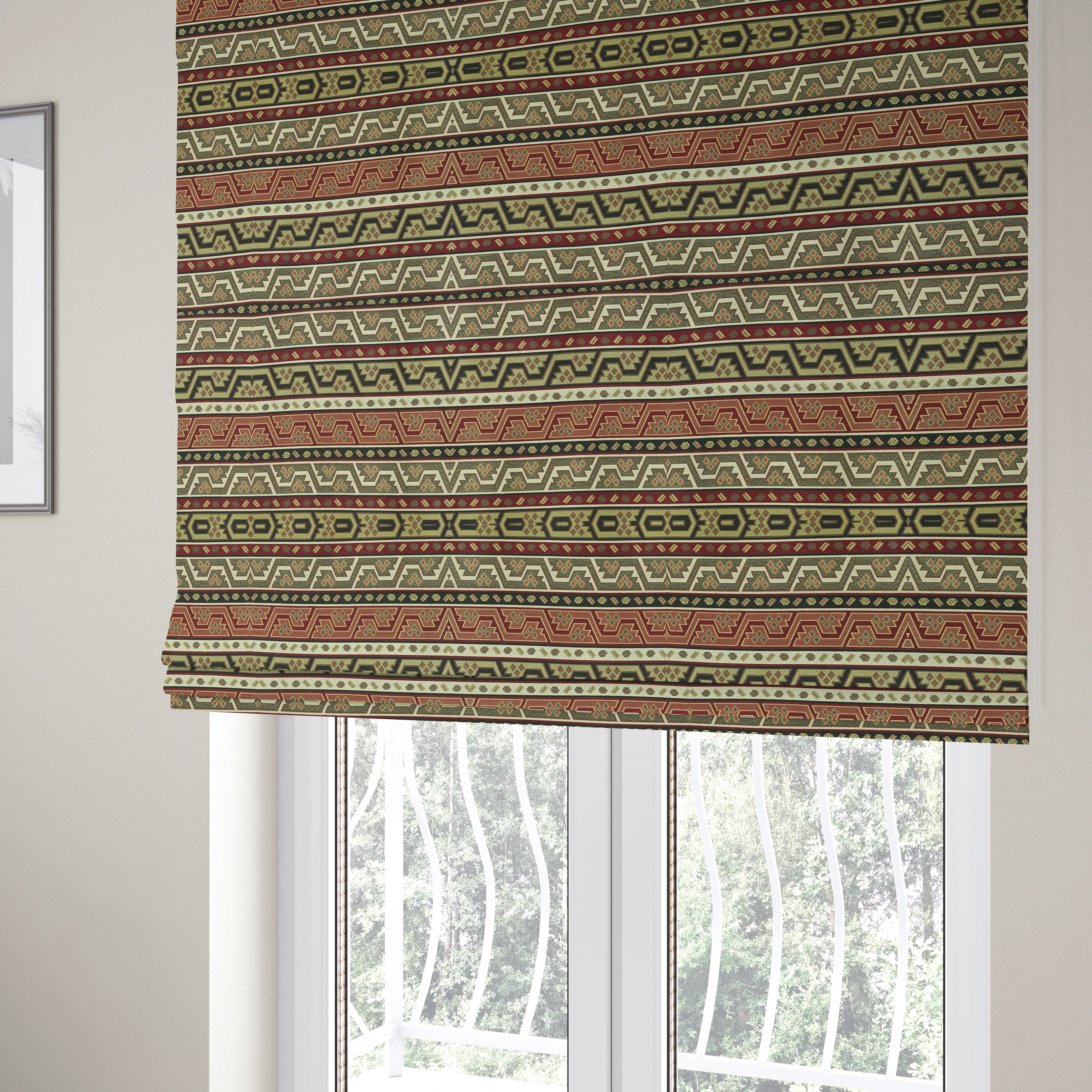 Persia Aztec Burgundy Red White Chenille Upholstery Fabric Geometric Kilim Stripe CTR-774 - Roman Blinds