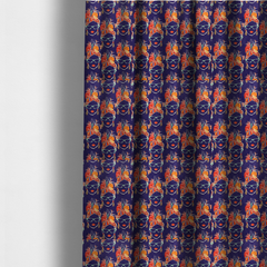 The fabric used to create these made-to-measure curtains is a repeating pattern on dark purple fabric featuring stylized line-art faces of women wearing light green cat-eye sunglasses, bright red lipstick, and elaborate tropical headwraps adorned with orange slices and palm leaves.