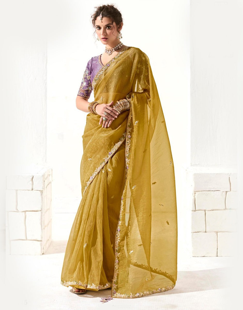 Embroidered Yellow Organza Saree with Sequin Border for Wedding & Event Wear