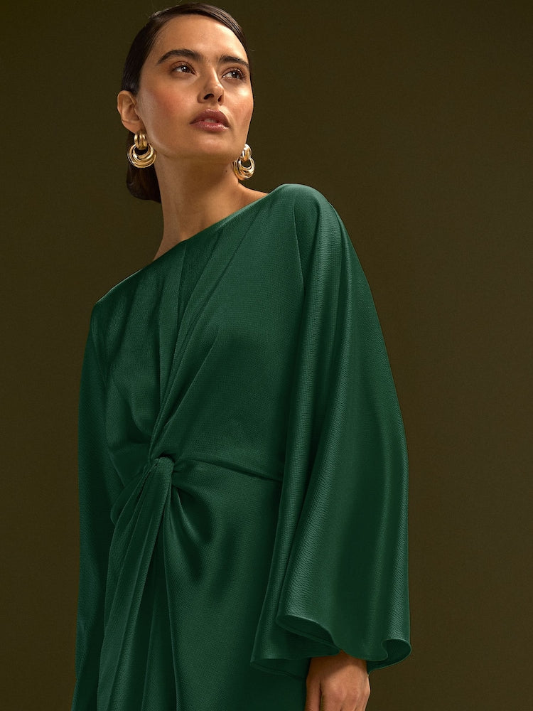 Womens Next Dark Green Twist Front Long Sleeve Satin Maxi Dress US 16 Tall
