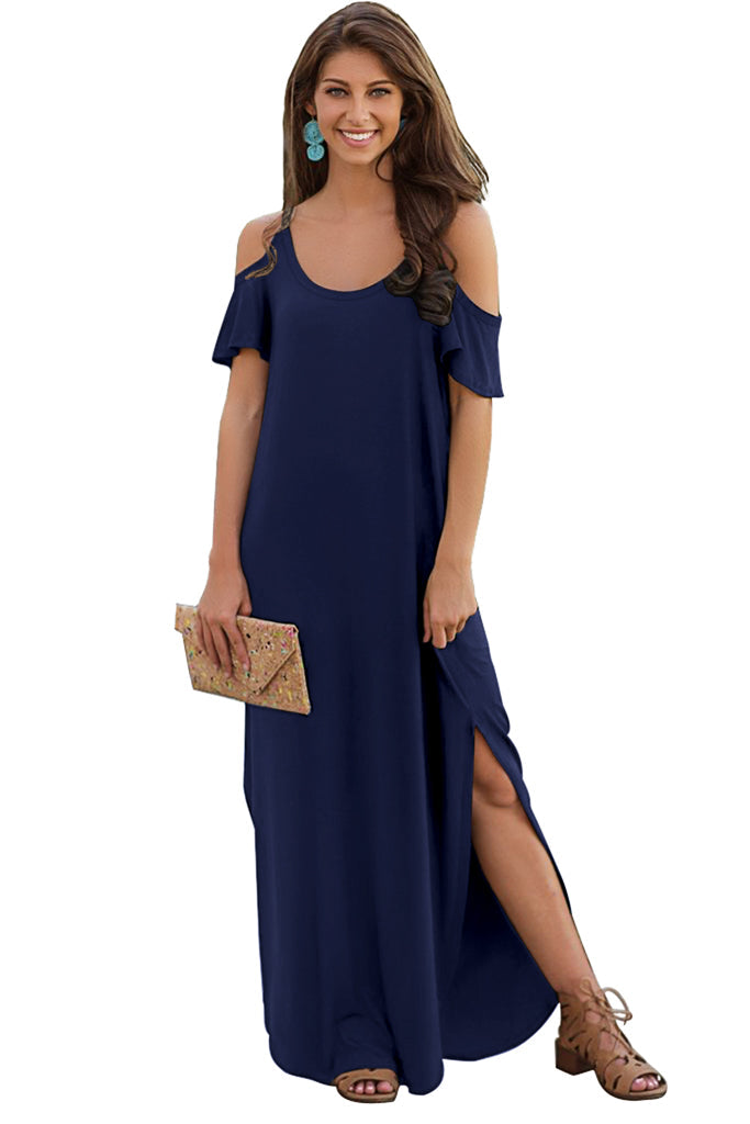 Summer Casual Loose Long Dress Strapless Strap Cold Shoulder Short Sleeve Split Maxi Dresses with Pocket Navy Blue Royal Blue Wine Red