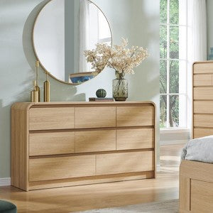 SinCiDo Modern 8 Drawer Dresser, Curved Profile Design, 55" Wide Mid Century Wood Storage Organizer for Bedroom, Living Room, Natural Oak
