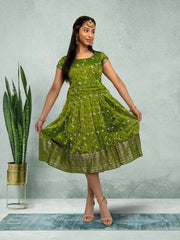 Green Silk Knee Length Dress - Festive Fusion Style | Muvvas Boutique | festive indian wear | indian wear usa | indian dress in usa online | Indian Dresses From India