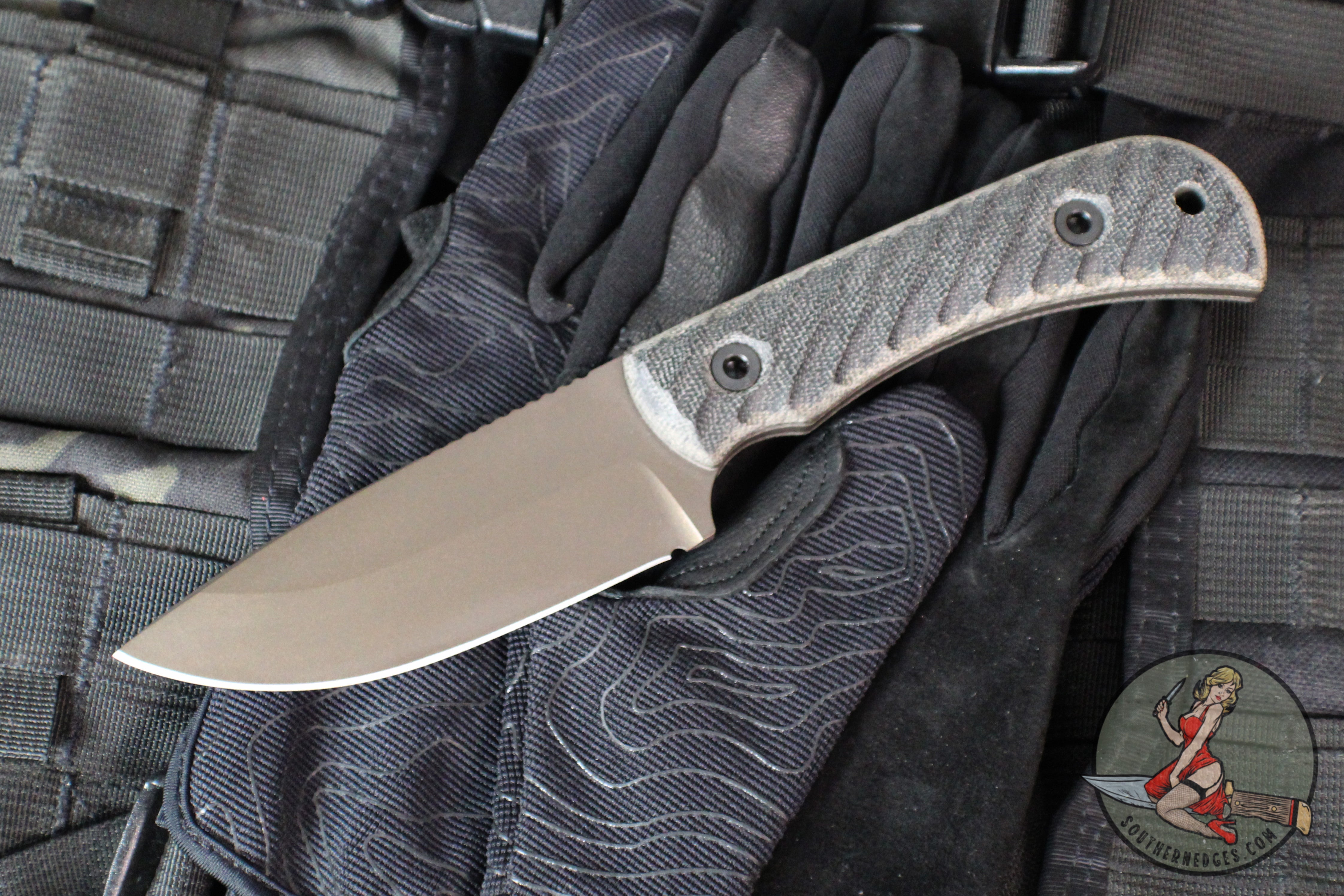 Half Face Blades- Cavner- Textured Black And OD Green Micarta Handle Scales- Midnight Bronze Cerakoted S45VN Blade