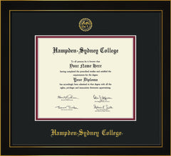 Image of Hampden-Sydney College Diploma Frame - Honors Black Satin - w/Embossed HSC Seal & Name - Black on Maroon mat
