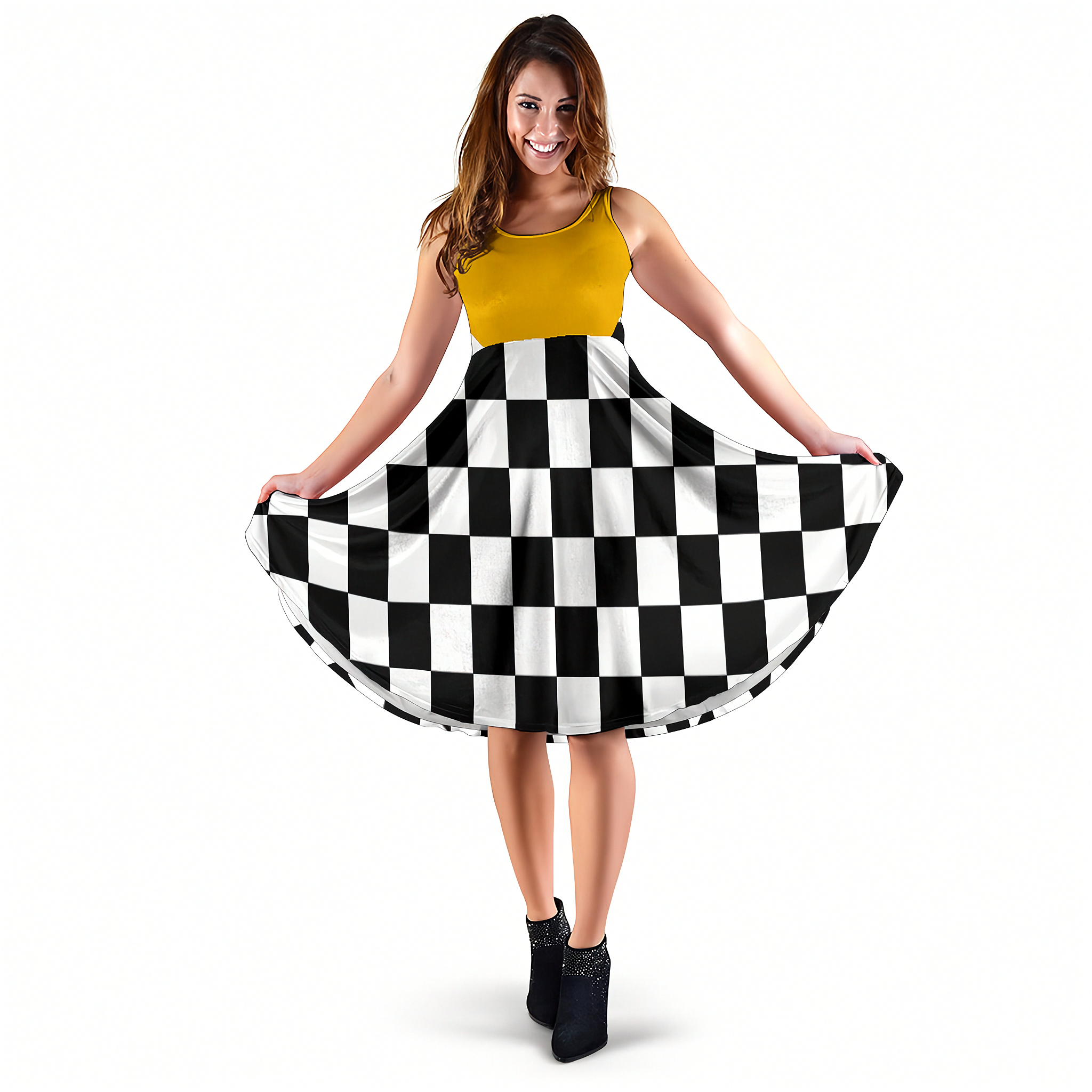 High-visibility mixed orange and black checkered flag midi dress with pockets, designed for motorsports fans on race day.