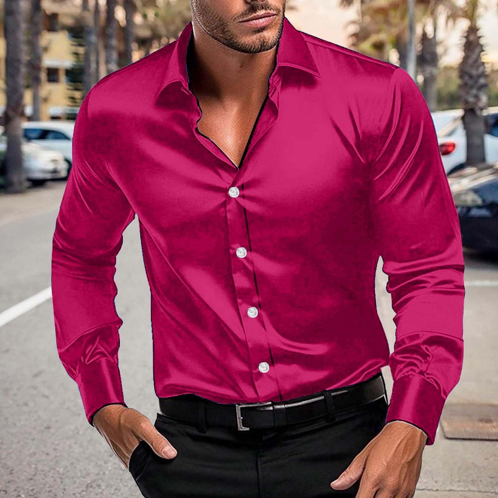 Elvqul Mens Collared Shirts Long Sleeve Stylish Plain Hot Pink Shirts for Men