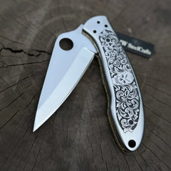 Hand Engraved D2 Steel Folding Pocket Knife — Mirror Polished Leaf Blade, Skull Floral Scroll Stainless Handle