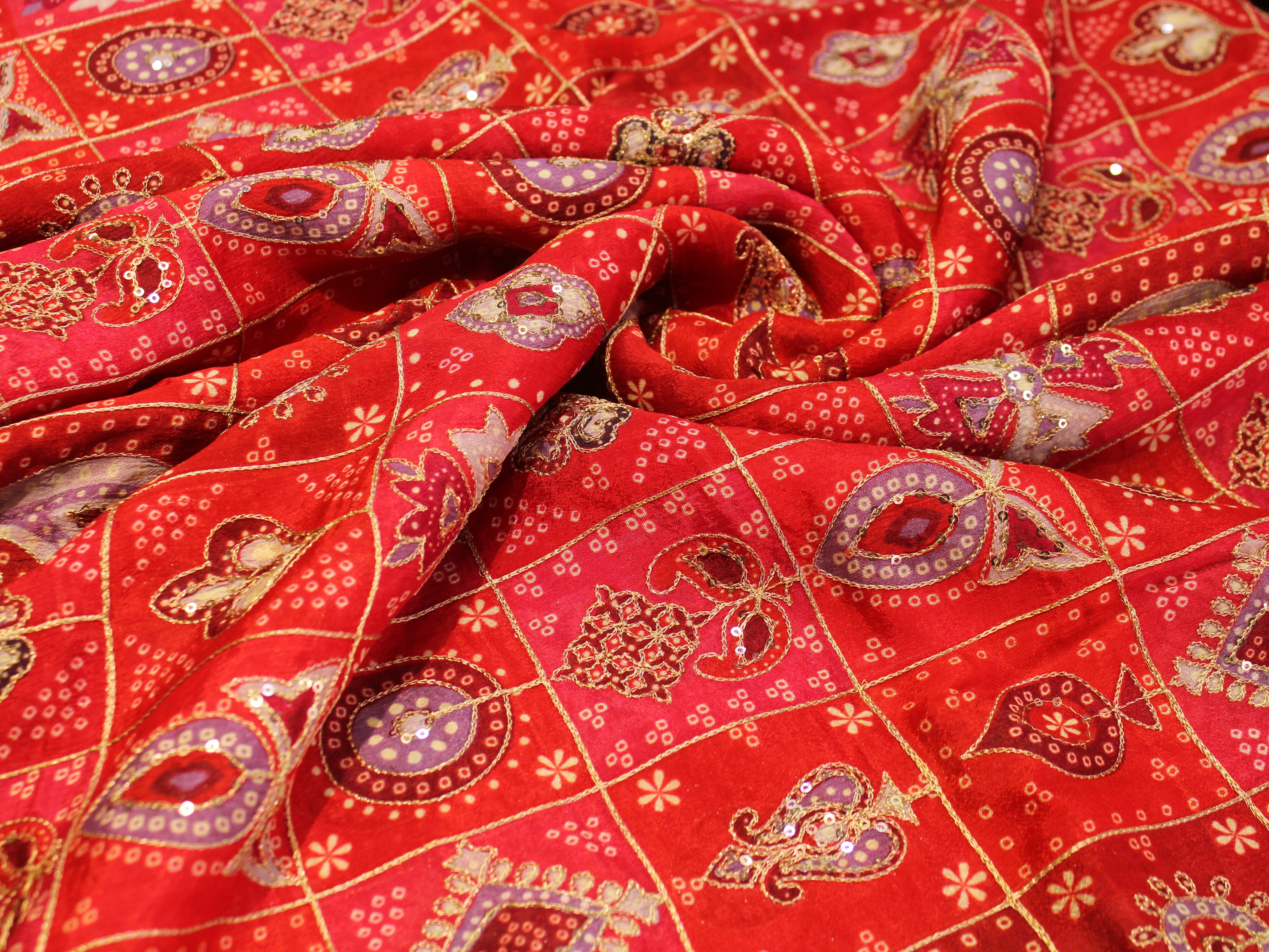 Chinon Bandhini Position Work Fabric | 42 Inch | Poly Viscose | Red