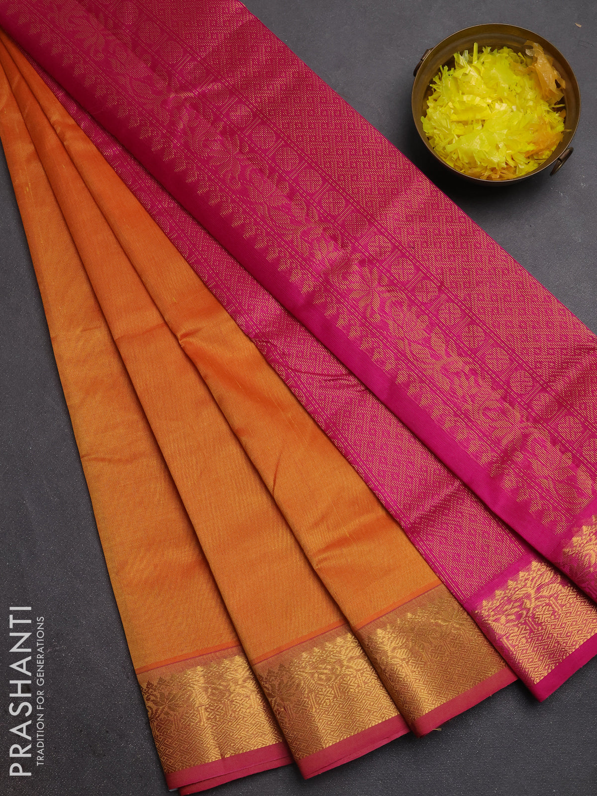 Silk cotton saree sunset orange and pink with plain body and zari woven border