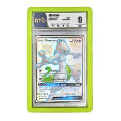 PSA Slab Bumper - Light green protecting a Mewtwo Pokémon card with graded display card holder.