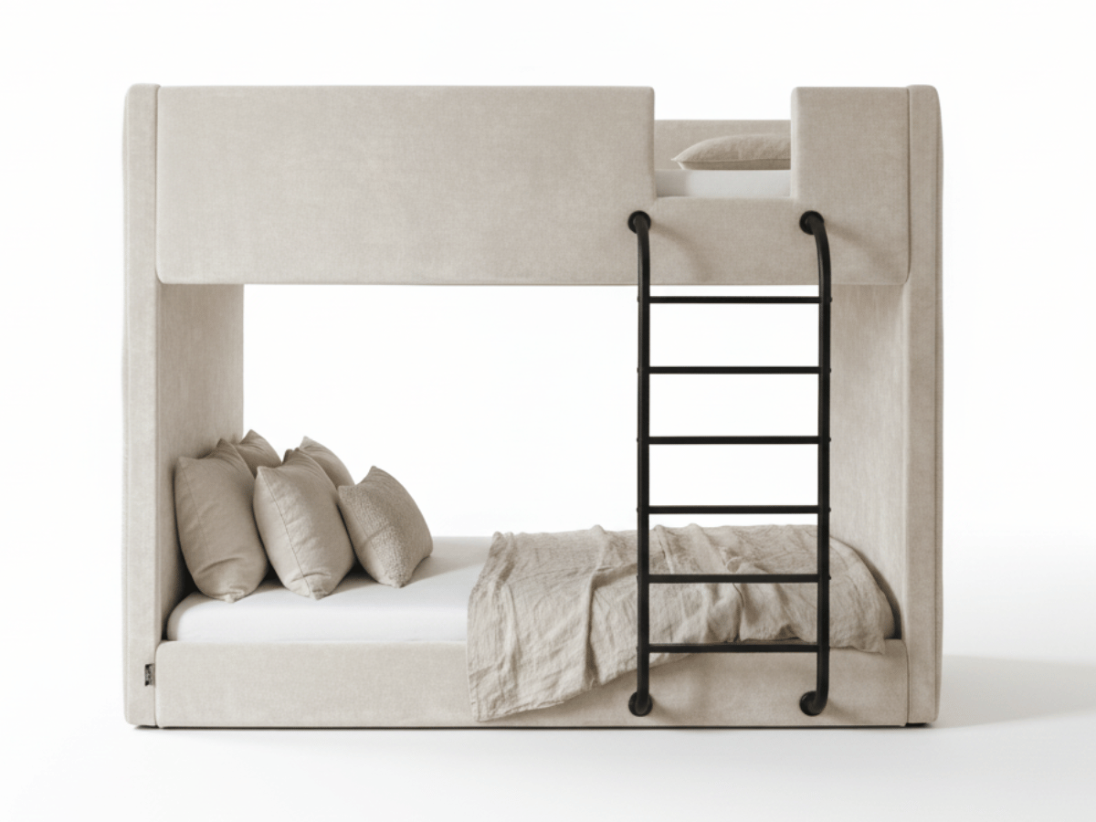 Lit superposé double - LILAO en velours beige – Vue du coffre