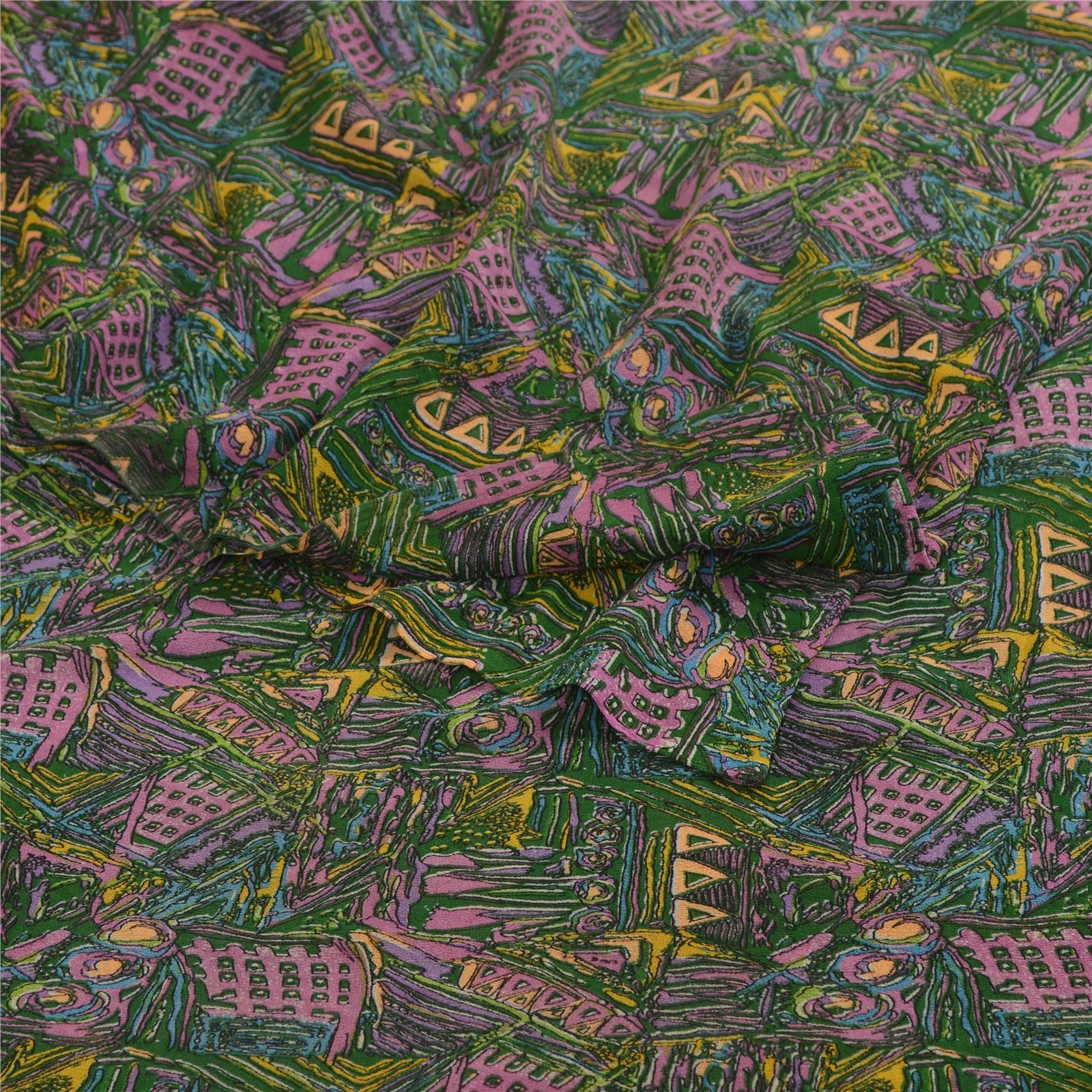 Sanskriti Vintage Green Saree Georgette Abstract Printed Sari 6 Yd Craft Fabric Create Dresses, Kaftan, Skirt, Projects, Quilting Felting