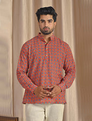 Cotton Printed Full Sleeves Short Kurta For Men