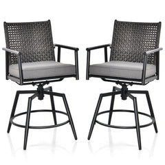 Set of 2 Patio Swivel Bar Stools - PE Rattan Back and Black Metal Frame - Ideal for Outdoor Entertaining and Relaxation