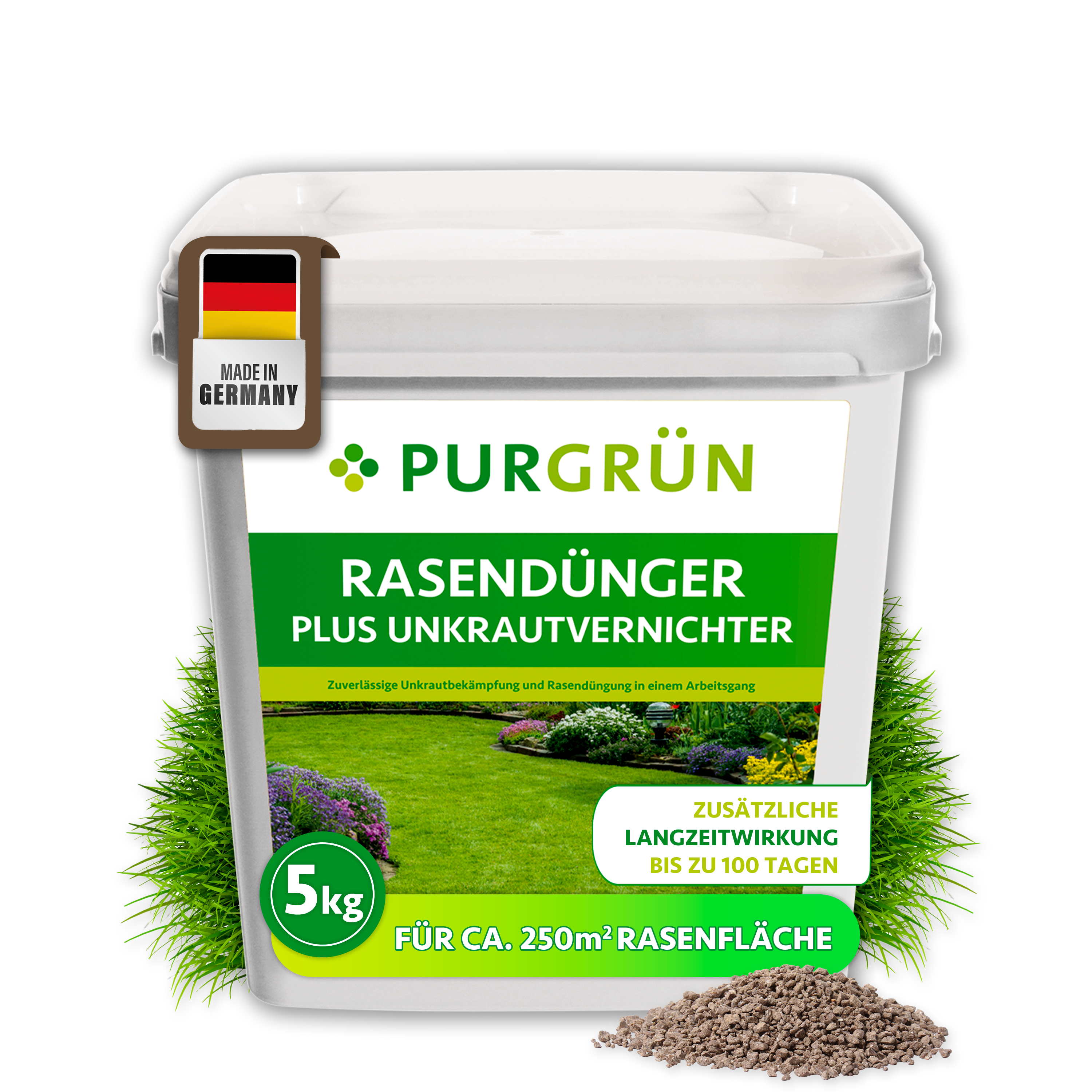 Purgrün Rasendünger mit Unkrautvernichter im 5-kg-Eimer, mit feinem Granulat und Langzeitwirkung bis zu 100 Tagen.