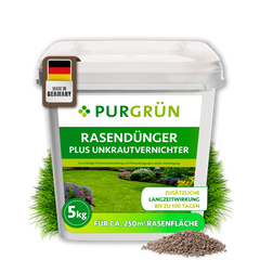 Purgrün Rasendünger mit Unkrautvernichter im 5-kg-Eimer, mit feinem Granulat und Langzeitwirkung bis zu 100 Tagen.